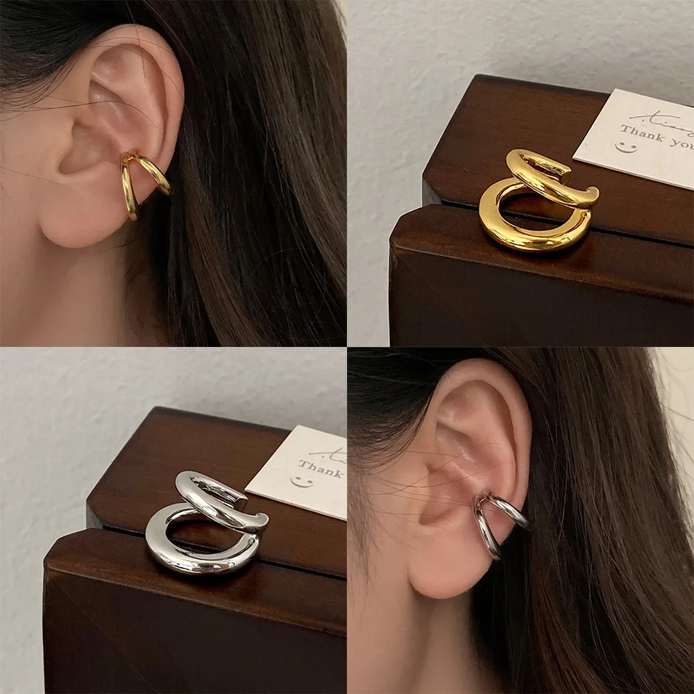 HUANQI New Vintage No Piercing Metal Double Layer Hollow Bending Ear Bone Clip Earrings For Women Girls Fashion Party Jewelry