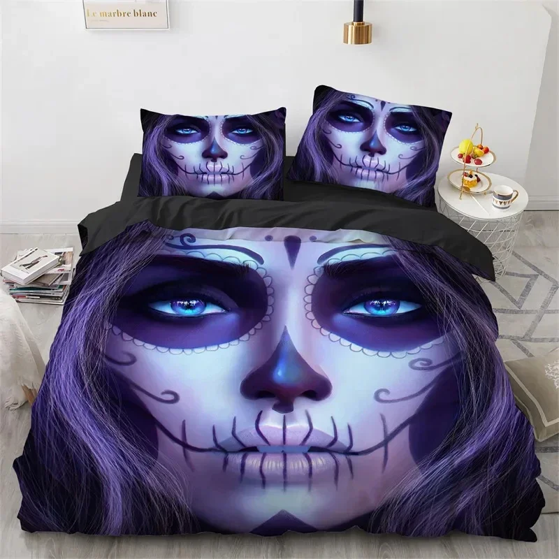 Skull Duvet Cover Queen Size Microfiber Vintage Sugar Skull Girl Day of The Dead Bride with Dark Color Roses Graphic Bedding Set