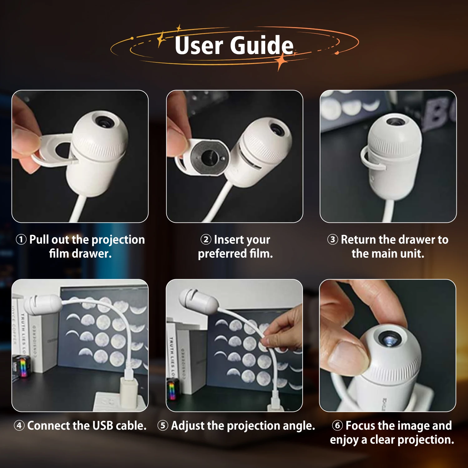Luz de Projeção Ambiente USB 2 em 1 com Foco Ajustável, Luz Interior para Carro, Luz Noturna Romântica de Estrelas, Saturno e Galáxia para Casa e Quarto
