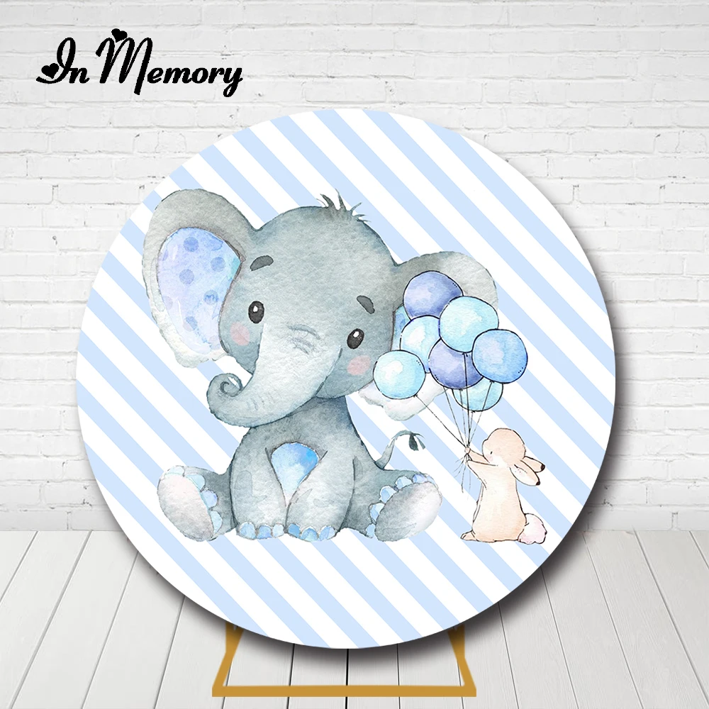 ที่คลุมฉากหลังทรงกลมรูปช้างสำหรับเด็กผู้ชายสีขาวฟ้าลาย1st วันเกิดปาร์ตี้พื้นหลังวงกลมผ้าปูโต๊ะ