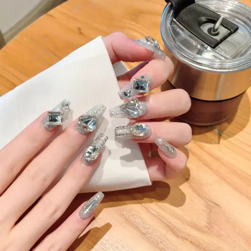 

10pcs Handmade Aesthetic Nail Art Summer Self-adhesive Press on Acrylic Nails Rhinestones Sparkle False Nails Glued Nails 2025