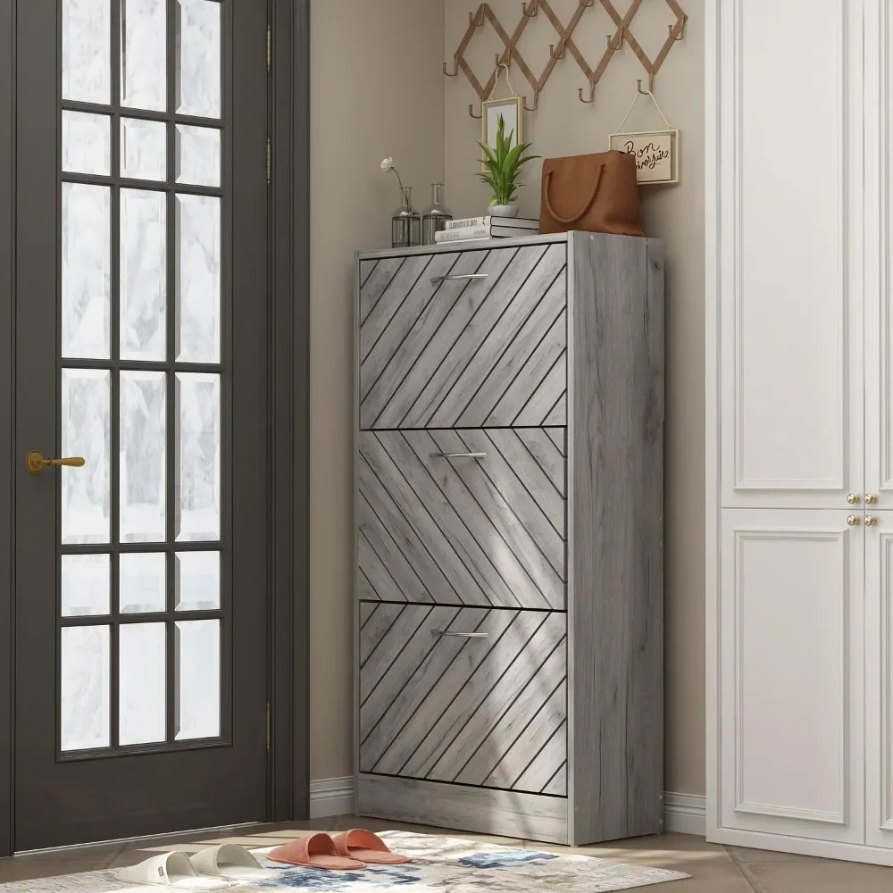 

Modern Shoe Cabinet with 3 Flip Drawers, Freestanding Shoe Storage Cabinet, Slanted Design, Shoe Storage Organizer for Ha