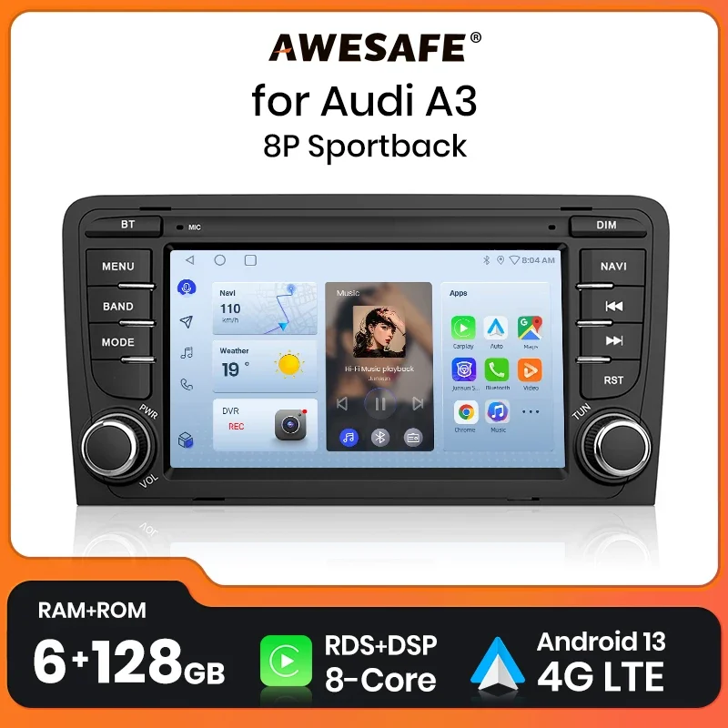 AWESAFE Wireless CarPlay AutoRadio for Audi A3 8P 2003 2004 2005 2006 2007 2008 2009 2010 2011 Multimedia Head Unit IPS Mirror