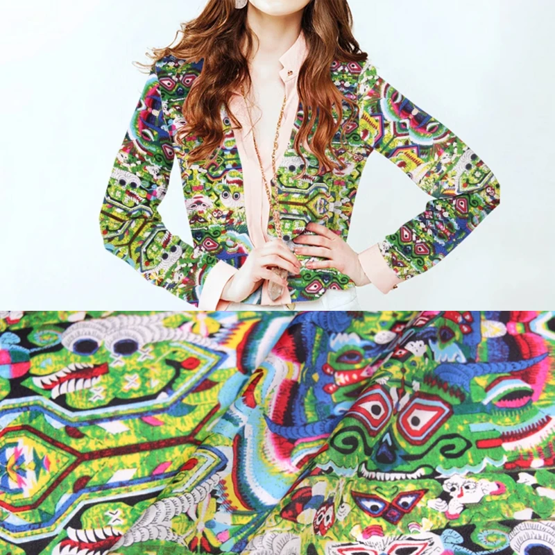 

Ширина 110 см, 89 г/м, шелковая крепдешинная ткань с зеленым принтом для шитья своими руками, летнее платье, рубашка, шарф, юбка Cheongsam, брюки, костюм C022