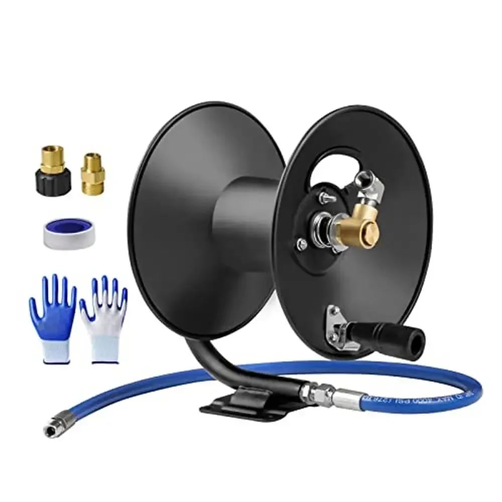 

Steel Wall Mounted Hose Reel 4000 PSI 50ft Heavy Duty Pressure Washer Hose Kit with Gloves & Attachment Set