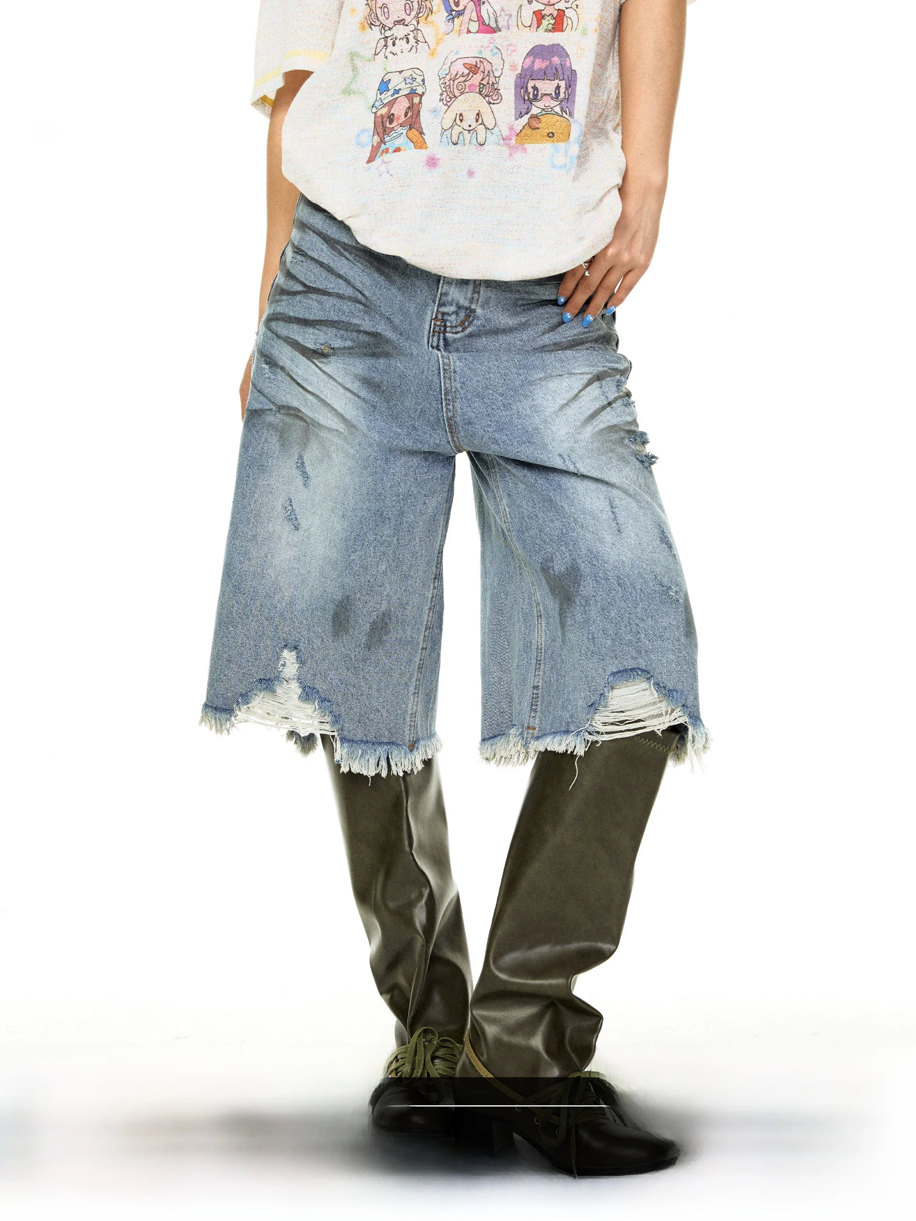 

Washed Distressed Casual Women's Shorts Summer Loose Fit Denim Short Pants Five-Point Breakdown Wide Leg Jeans