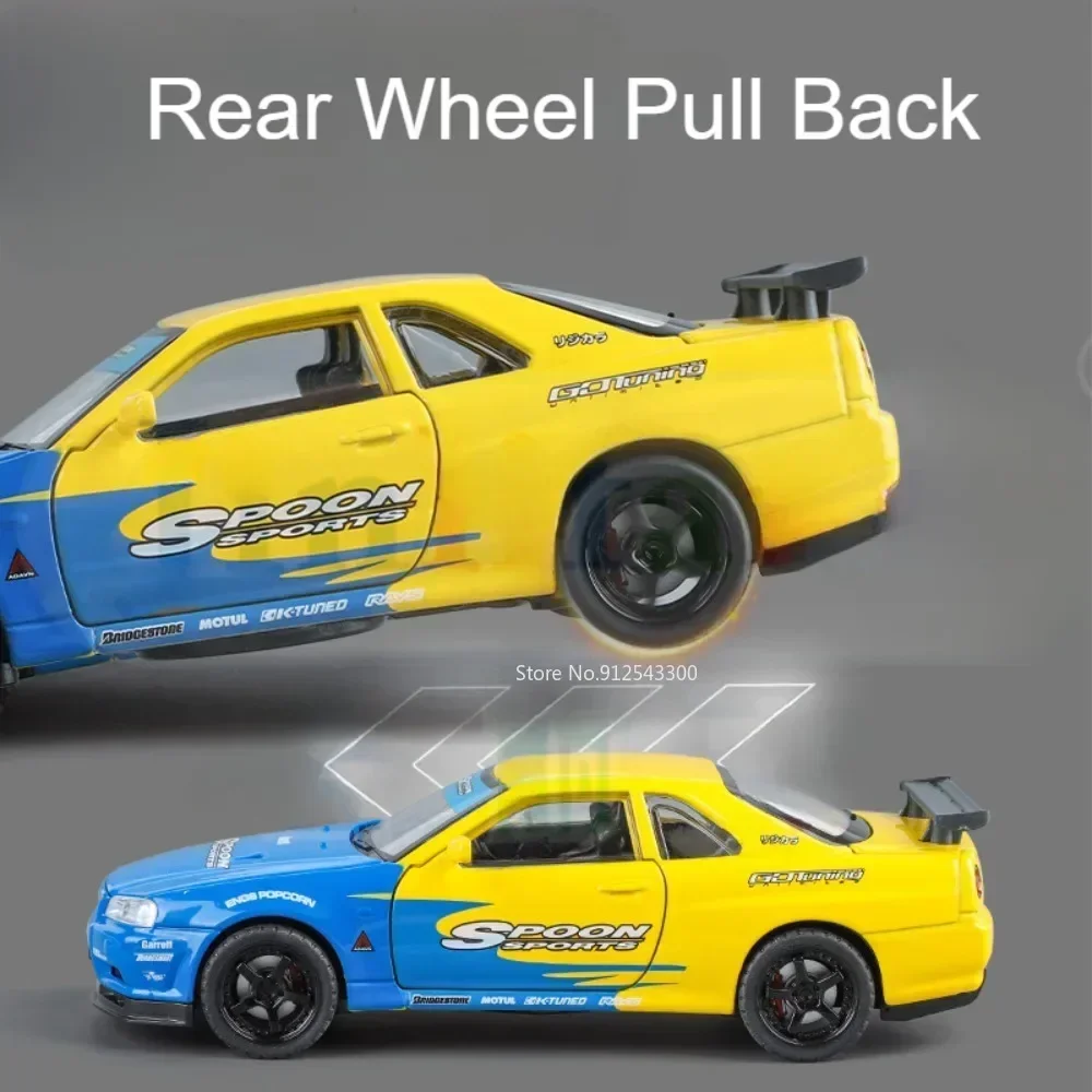 Scala 1:32 SKYLINE GTR Modello di auto giocattolo Pressofuso in lega Tirare indietro Latte Edition Modelli di auto sportive Musica leggera Veicolo Ornamento Regalo