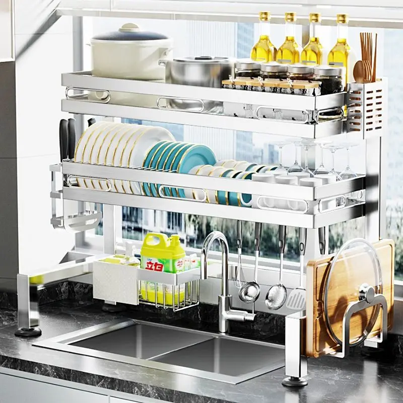 Stainless Steel Kitchen Sink Dish Drying Rack Single Or Double Tier Countertop Organizer Drain Basket Hooks Utensil Holders In
