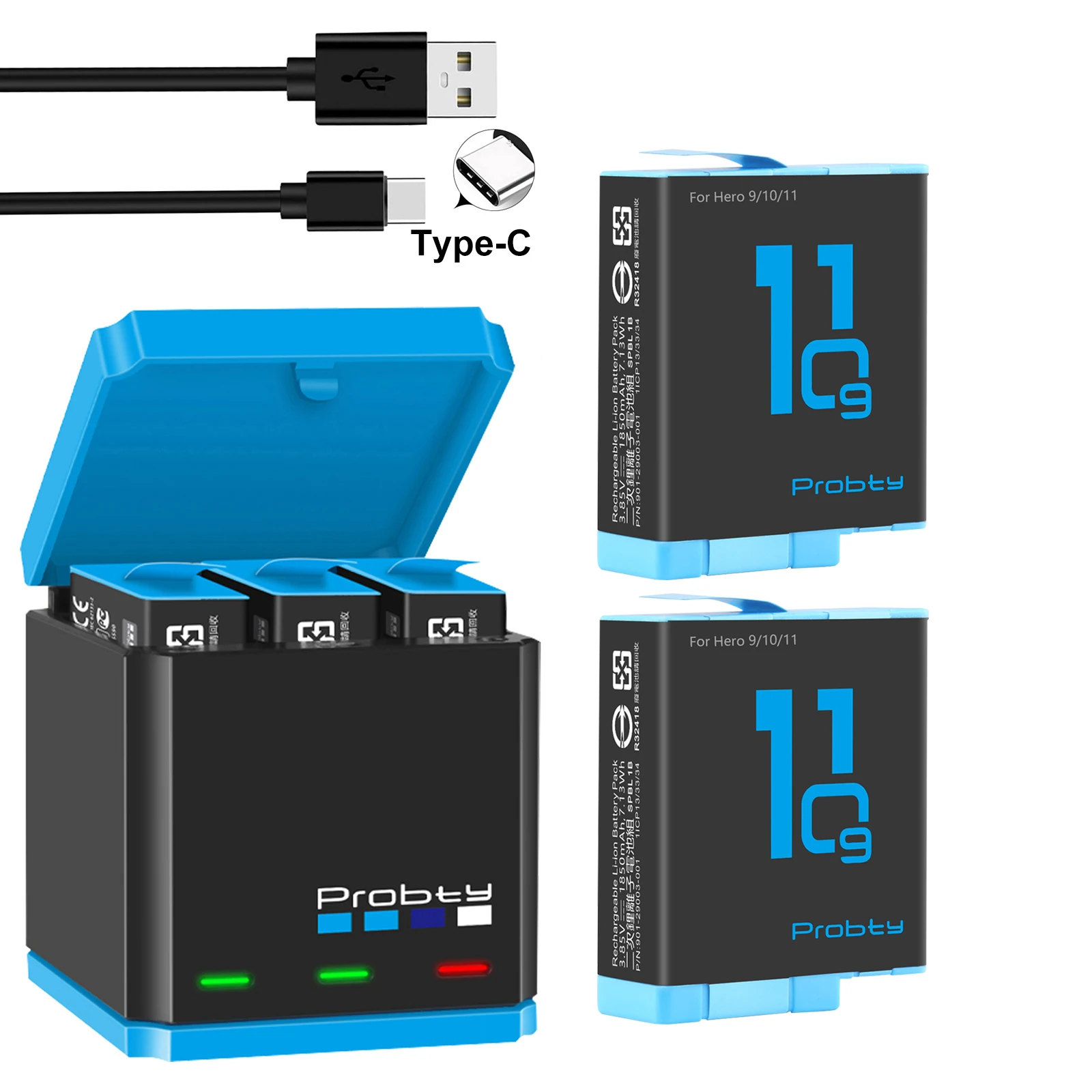 1850 mAh batterij voor GoPro Hero 10 + LED 3-slots oplader met Type-C poort voor GoPro Hero 12 Go Pro 10 hero 11 hero 9 sportcamera's