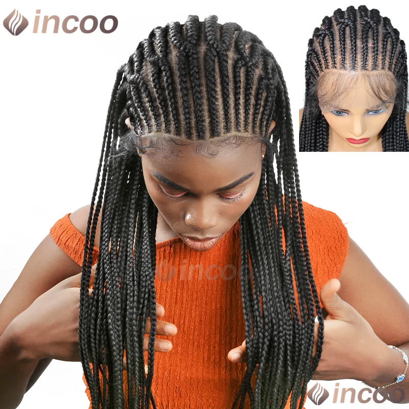 

36 "Corrow Criss Cross Плетеные парики Синтетический HD кружевной парик Коробка без узлов Плетеный парик с волосами ребенка Женский парик