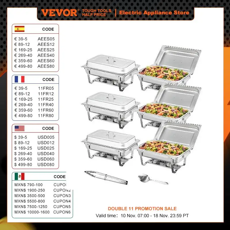 VEVOR 2/4/6-teiliges Chafing Dish Profi Set Wärmebehälter Edelstahl Buffet Set Rechteckig 6 x 7,5 L, Speisewärmer 53 x 32,5 x 6,5 cm Jeder Behälter, für Buffets, Familienfeiern, Bankette, Hochzeiten usw.