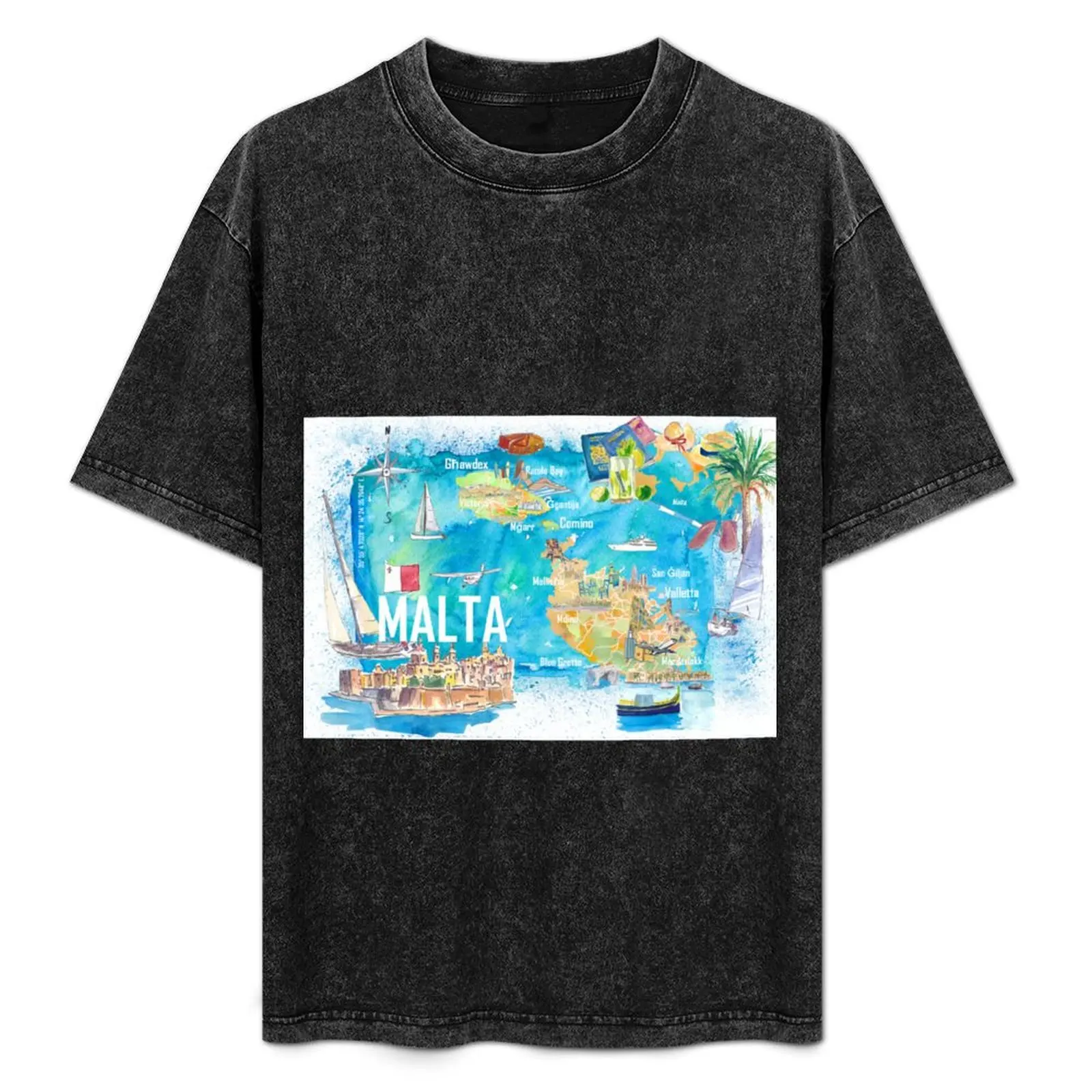

Malta Illustrated Island Travel Map with Roads and Highlights T-Shirt Soft Cotton Print T-Shirt