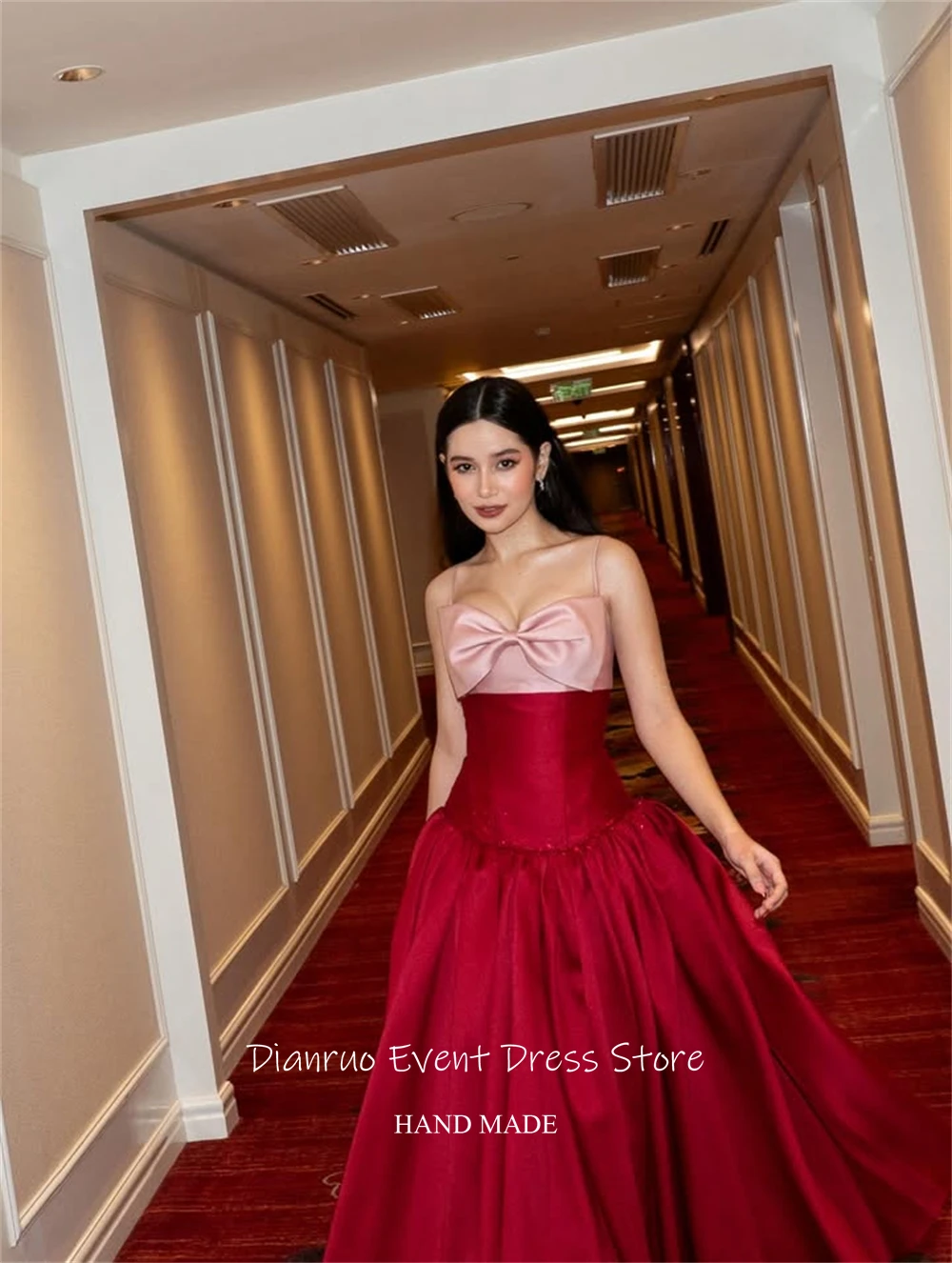 Dianruo Rosso E Rosa Una Linea di Abito Da Sera Midi di Lunghezza Senza Spalline Robe De Soirée Femme Arco Abiti Para Mujer Personalizzato
