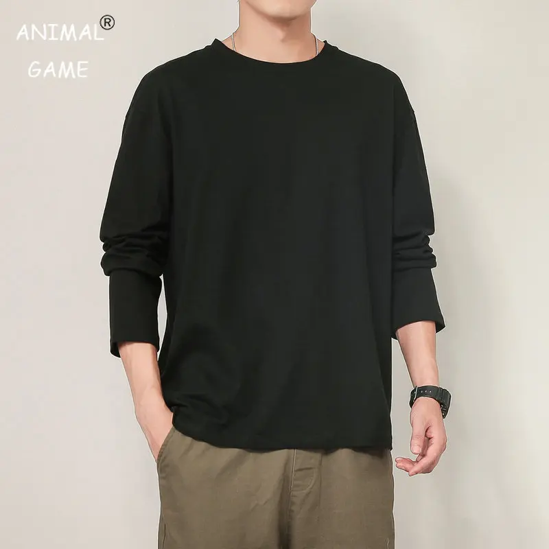 Korean Mens Solid Long Sleeve T-shirts Round Neck Tshirts for Man Oversize Breathable Large Cotton Tops 5XL