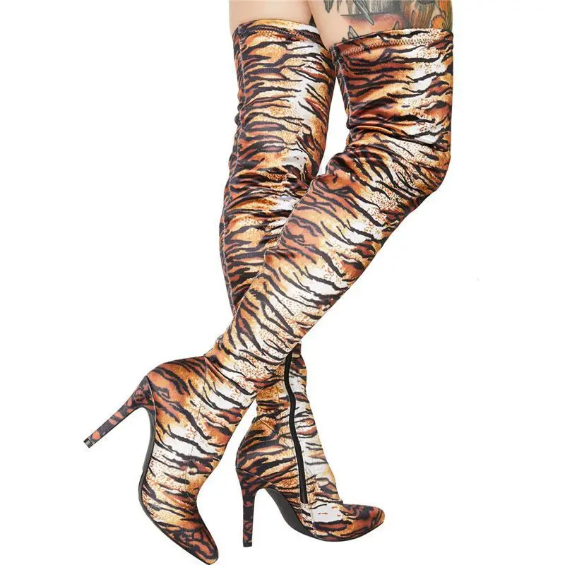 

Leopard Print Pointed Toe Over The Knee Stretch Boots Stiletto Elastic Snake Pattern Multicolor Zipper Patent Leather Shoes