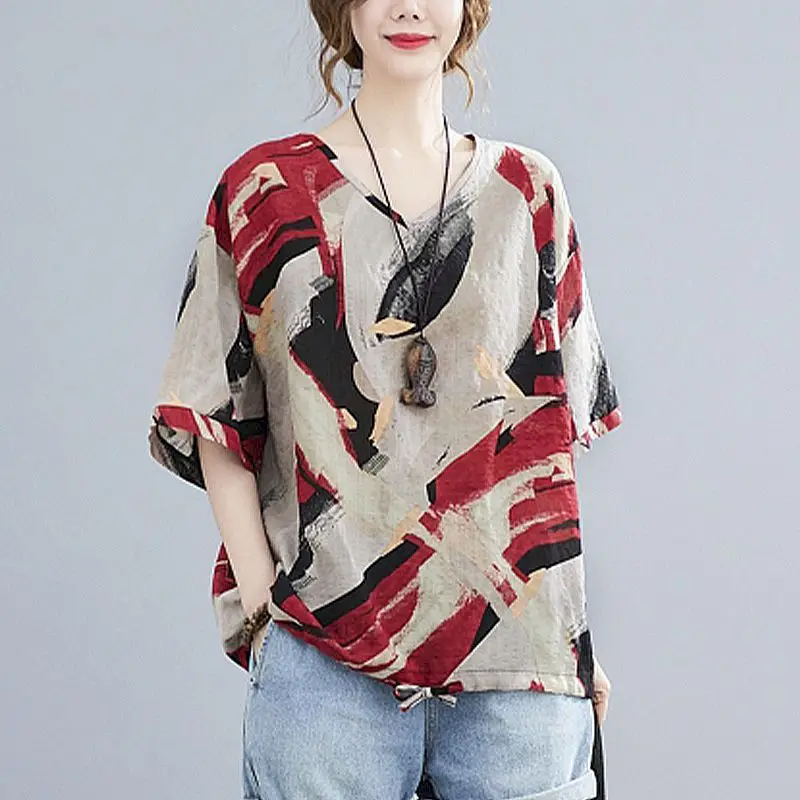 

Cotton Linen T Shirt Women Abstract Printed Artistic Oversized T-shirt Casual Loose Short Sleeve Blouse Summer Trend Thin Tshirt