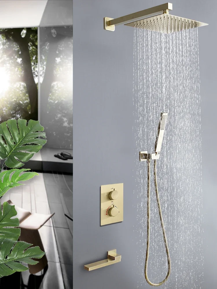 

Thermostatic Bathroom Shower Faucet In Wall Brushed Gold Bath and Set Thermostatic Mixer Bath and Rainfall