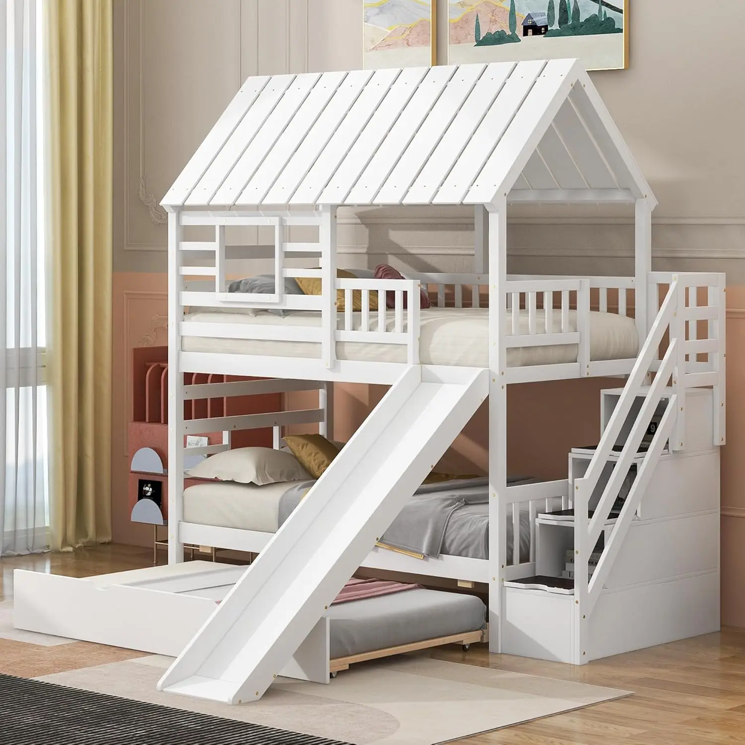 

Twin Over Twin House Bunk Bed With Stairs And Slide, Wooden Bunk Bed Frame With Trundle And Storage, Roof And Window Design,