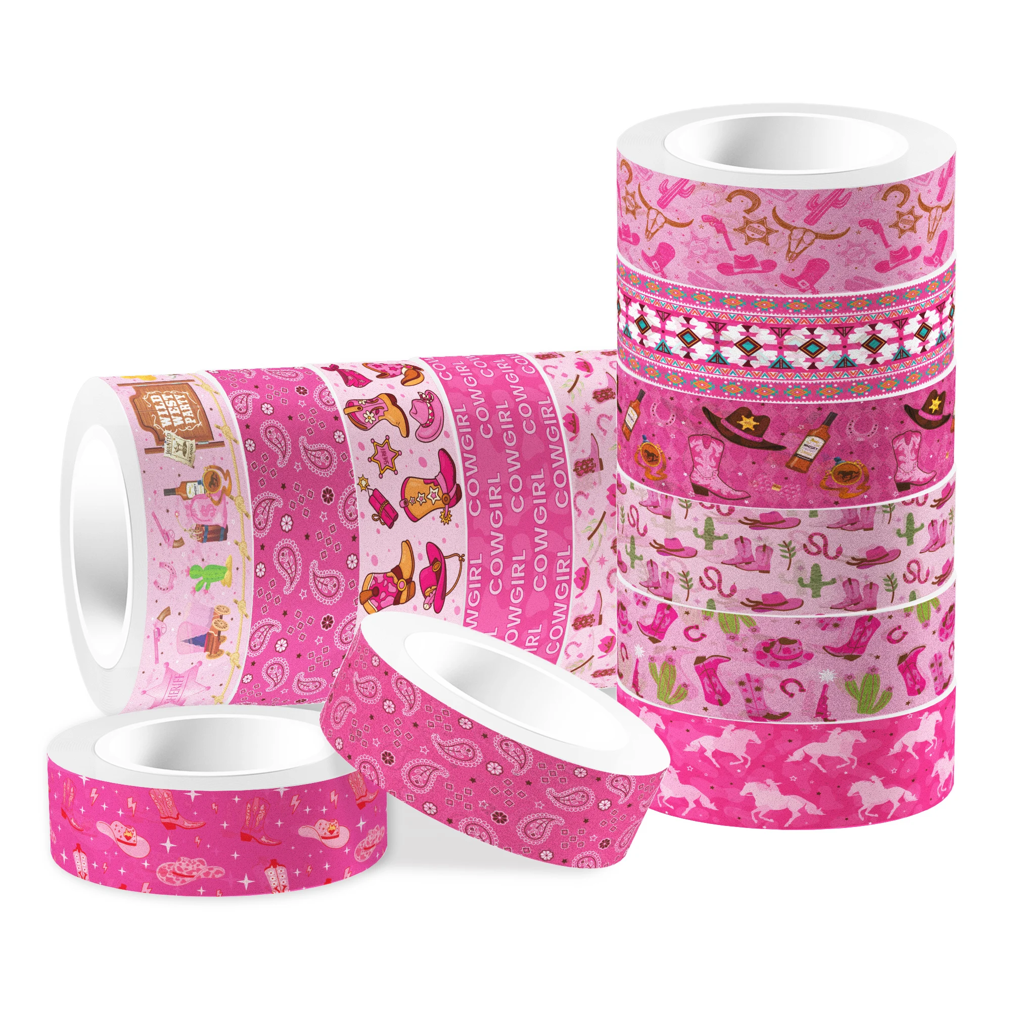 12 롤 서양 카우걸 테마 Washi 테이프 세트, 장식 종이 스티커, 선물 포장용 DIY 공예 테이프, 스크랩북