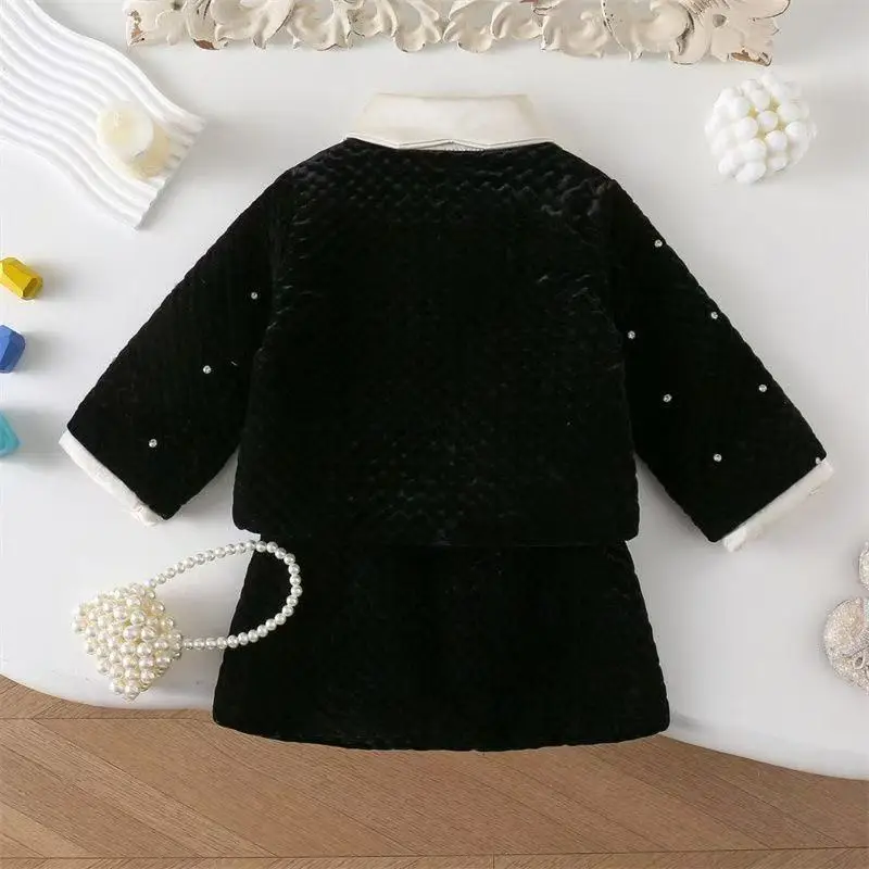 Winter Infant Baby Girl 2PCS Clothes Set Knotbow Turn Down Collar Diamond Printed Jackets Elastic Waist Skirt Little Girl Outfit