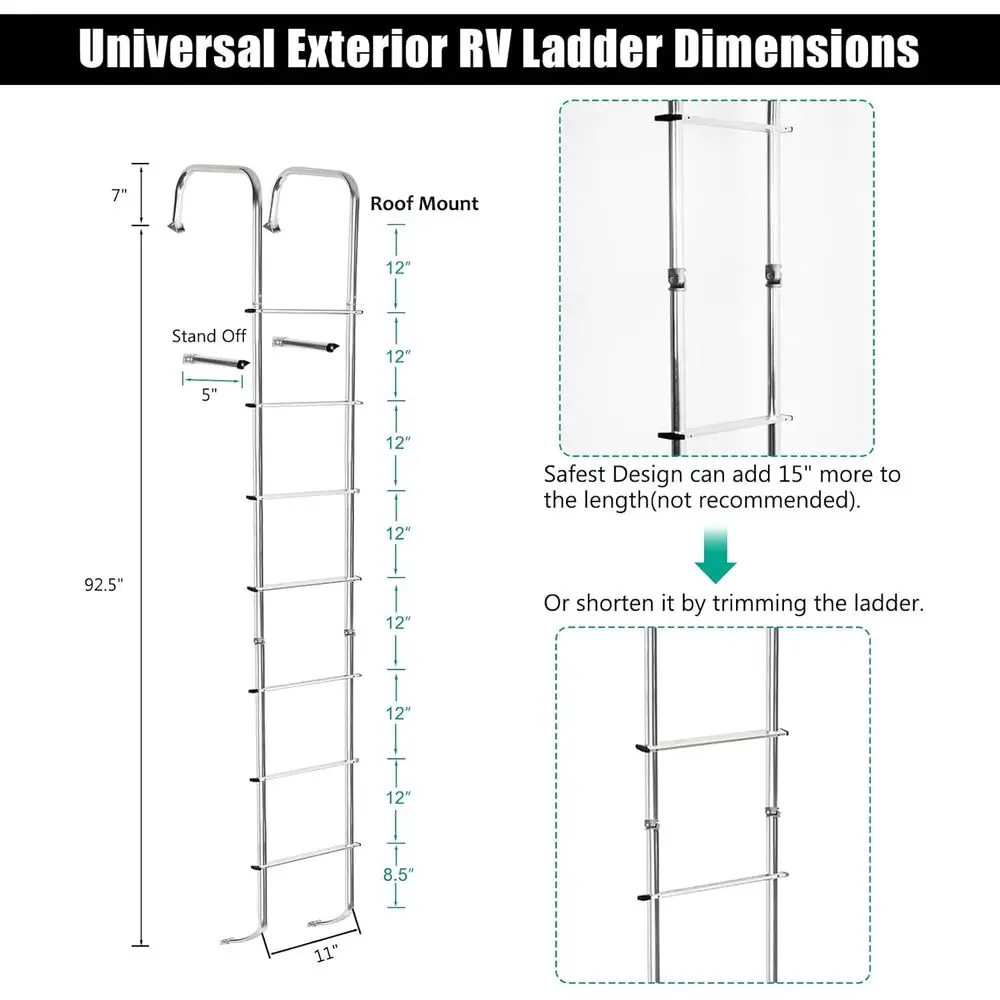 سلم RV من الألومنيوم لمقطورات السفر، 7.6-8.4 قدم، تحميل 250 رطل، لمسة نهائية فضية #2
