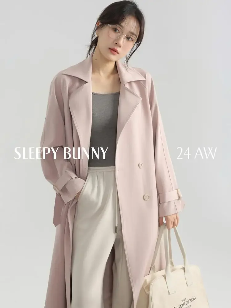 

Pink Mid-Length Trench Coat Petite Women Belted Oversized Casual Overcoat 2024 Korean Trendy Stylish Loose Fit Elegant Outerwear