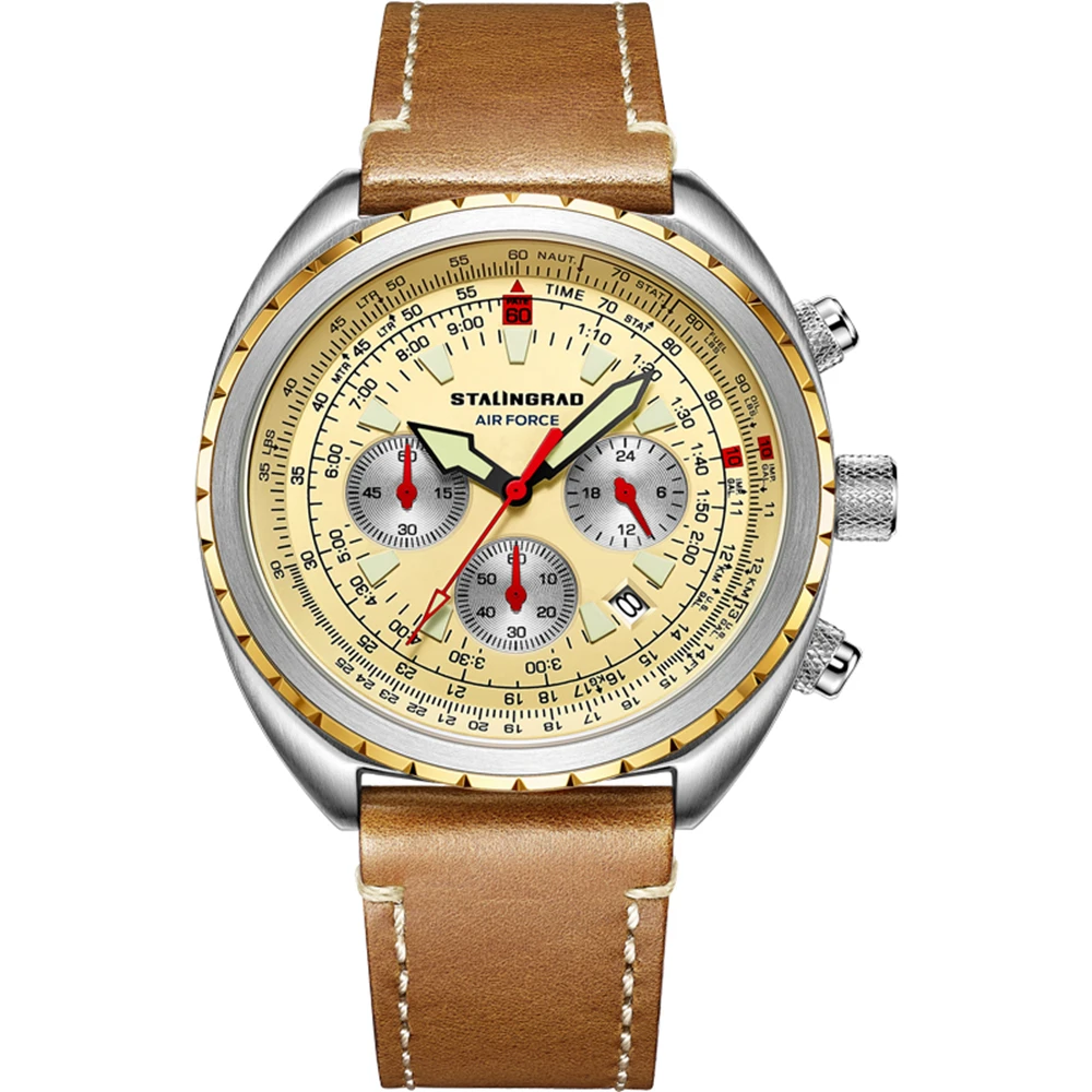 Imagem -03 - Relógio Cronógrafo Piloto Masculino Militar Cronógrafo Quartzo Relógios de Pulso Vintage 44 mm Força Aérea 100m Impermeável Relógio Luminoso Stalingrado