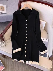 Autumn Winter French Fashion Old Money Long Sleeve Knit Dress Women 2000s V-Neck Frock Mini One-Piece Vintage Coquette Elegant