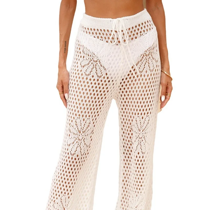 Summer Sexy Hollow Out Wide Leg Pants Women Beach Cover Up Bikini Trousers Lace-ups See-through Vacation High Street Knit Pant