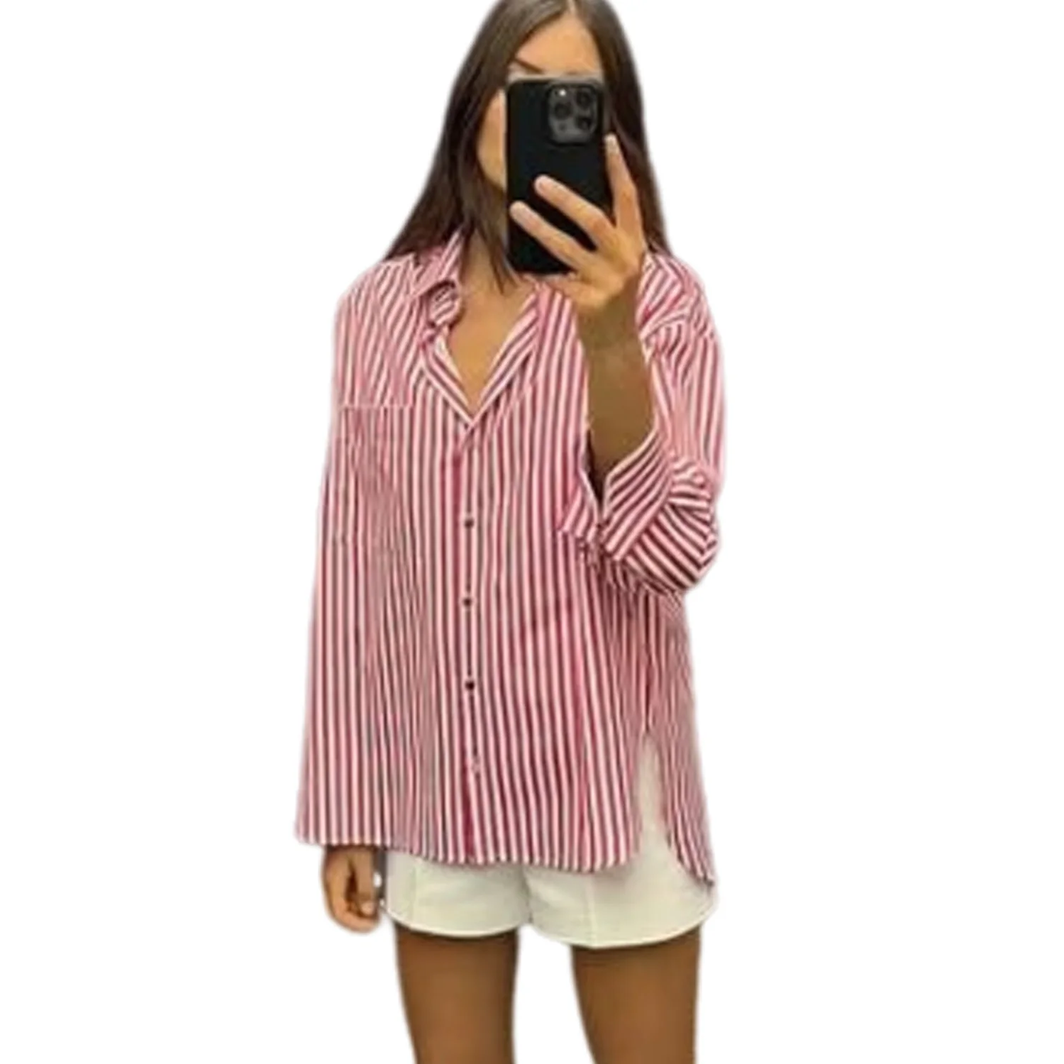 Women\'s Striped Lining Top with Rolled Edge Cuffs, Casual and Fashionable, Versatile, Long Sleeved, Single Breasted, New