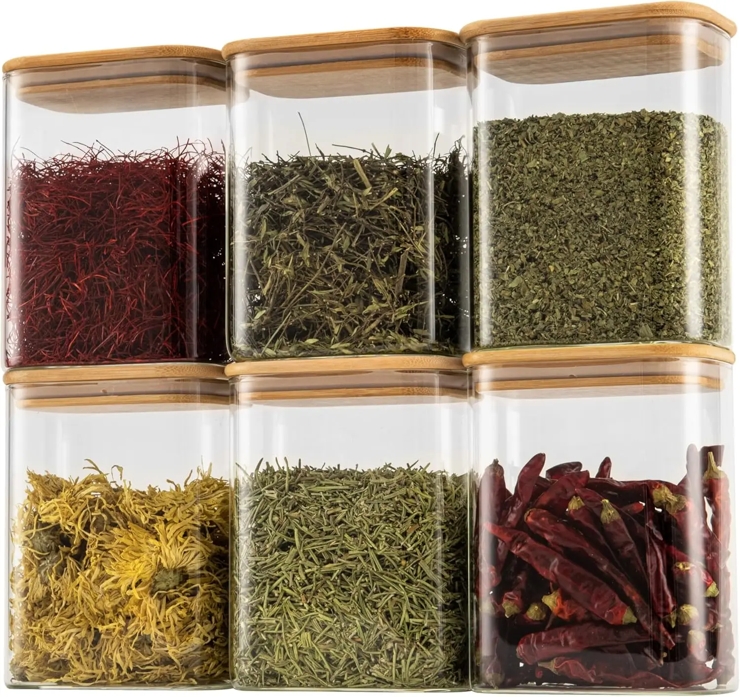 37oz Rectangle Airtight Glass Storage Containers with Bamboo Lids (Set of 6), Square Food Storage Jar, Pantry Organizers for