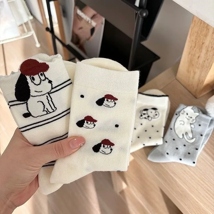 

2 Pairs 1 Lot Women's White Puppy Socks Gray Kitten Cute Kawaii Mid-tube Breathable Cartoon Animal Polka Dot Stripes Comfortable