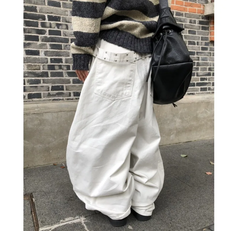 Retro Stud Rivet Back Waist Belt Design Loose Wide Leg Jeans Casual High Waist Long Cotton Denim Pants for Women Black