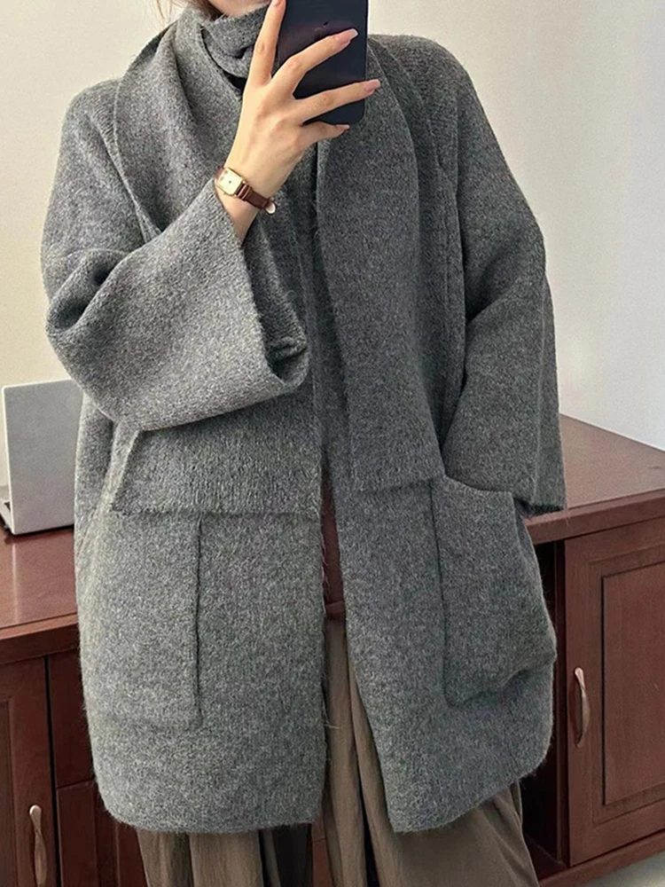 LANMREM Winter Knitted Sweater Coat Women Round Neck With Scarf Pockets Single Button Solid Color Clothing 2023 New 2AA3835