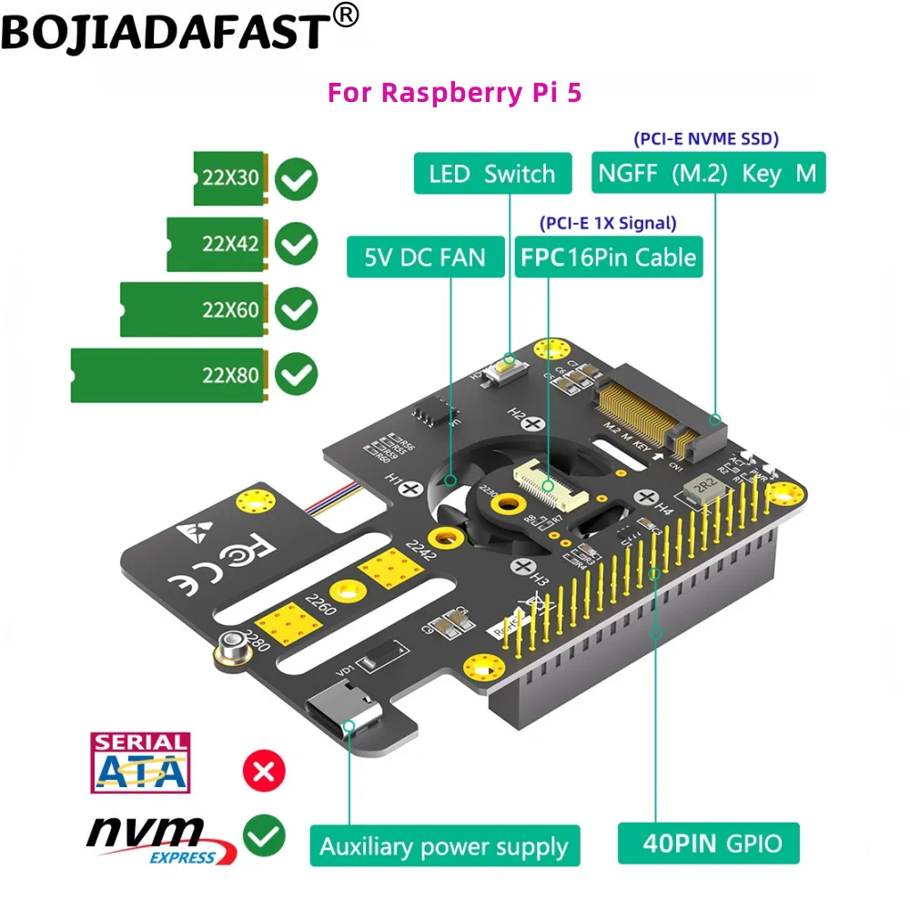 

Карта адаптера NGFF M.2 Key-M Key B+M 2280 M2 NVMe SSD + охлаждающий вентилятор и сигнальный кабель PCI-E 1X для Raspberry Pi 5