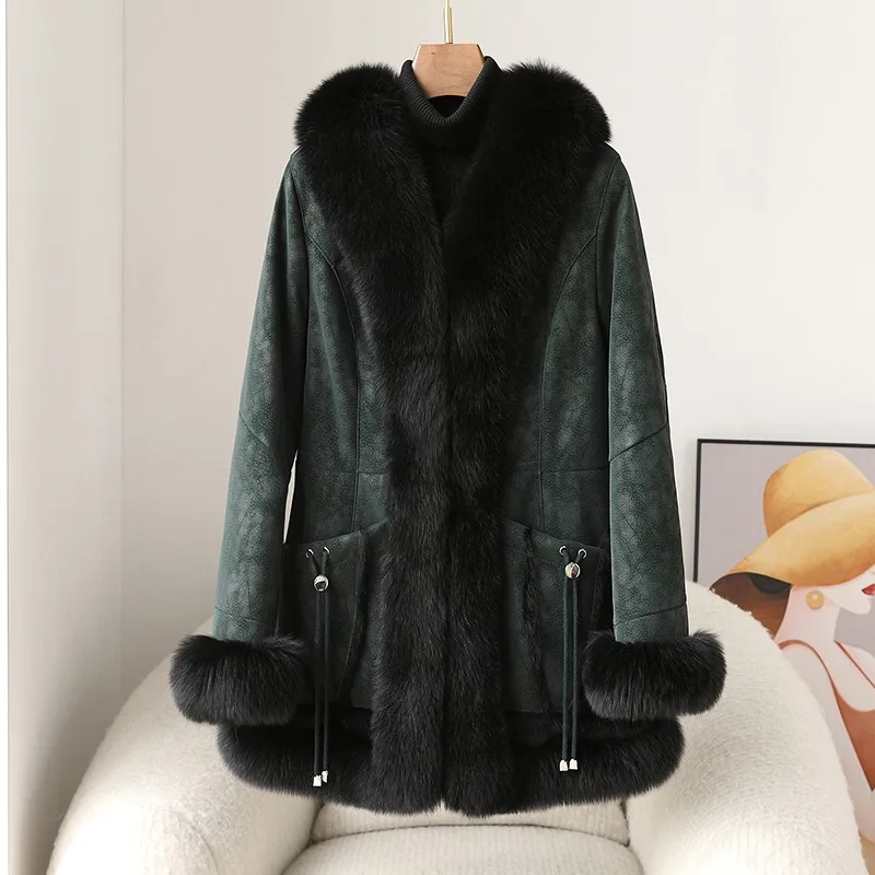 2023 Winter New Fox Fur Collar Mid-length Warm Fashion Coat Female Rabbit Fur Slim Luxury Jacket Parka JT455