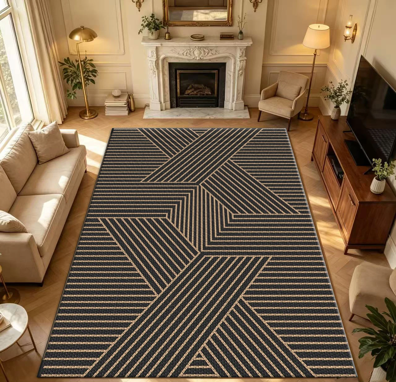 Vintage Geometric Line Rug Modern Abstract Striped Carpet Non-Slip Washable Floor Mat Suitable for Living Room Bedroom Home Decor