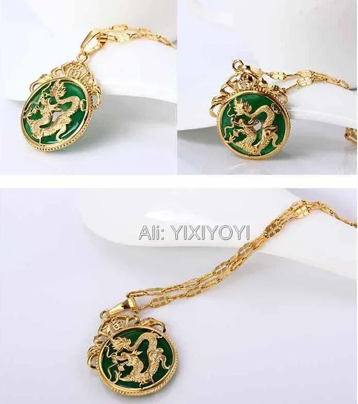 Beautiful Natural Green Jade Inlay Gold Chinese Dragon Amulet Lucky Jade Pendant + Free Necklace Fine Jewelry