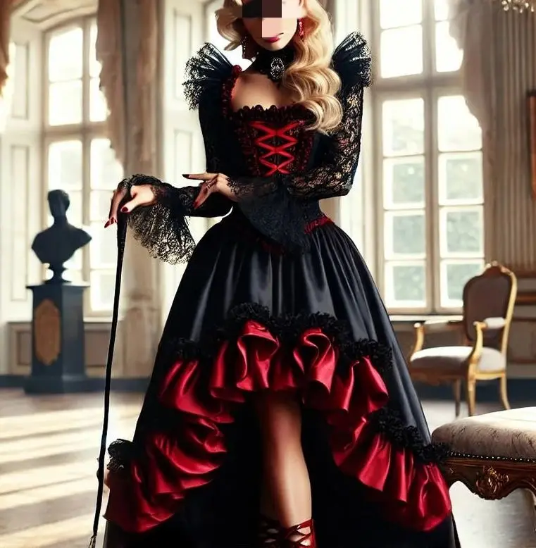 ارتفاع منخفض القوطية مصاص دماء فستان الحفلة الراقصة الكشكشة الأسود والأحمر مضيئة طويلة الأكمام خمر فستان تنكر طوق مربع مخصص