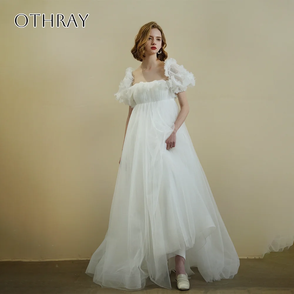 Off Shoulder A-line Bridal Wedding Gown Sweep Train Tulle with Bow Pleated Customized свадебное платье