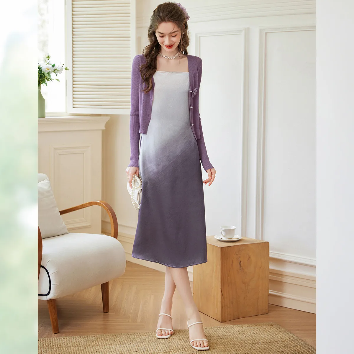 LOUIS YAO グラデーションカラーツーピースセット 2025秋 優しい伸縮性なしキャミソールとニットカーディガン グラデーション レディースセット