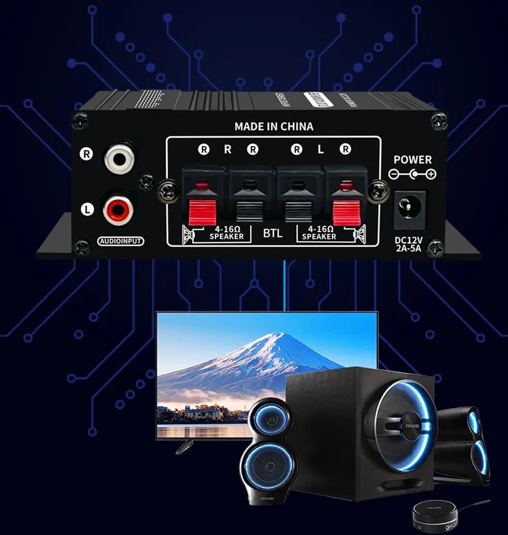 Woopker Sound Amplifier Channel 2.0 HIFI Bluetooth Amp Home Digital Audio 12V3A AK380 AK370 AK280 AK270 AK170 for Car Bass Trebl