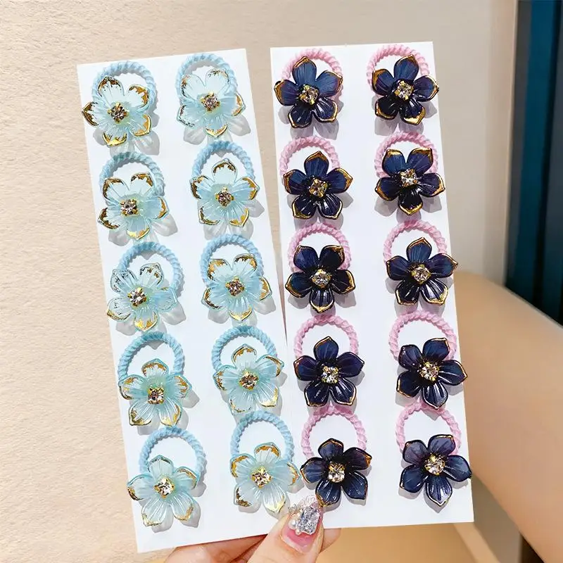 10Pcs Girls Elastic Hair Bands With Rhinestone And Flower Decorations High Elasticity Durable Hair Ties For Outdoors Party
