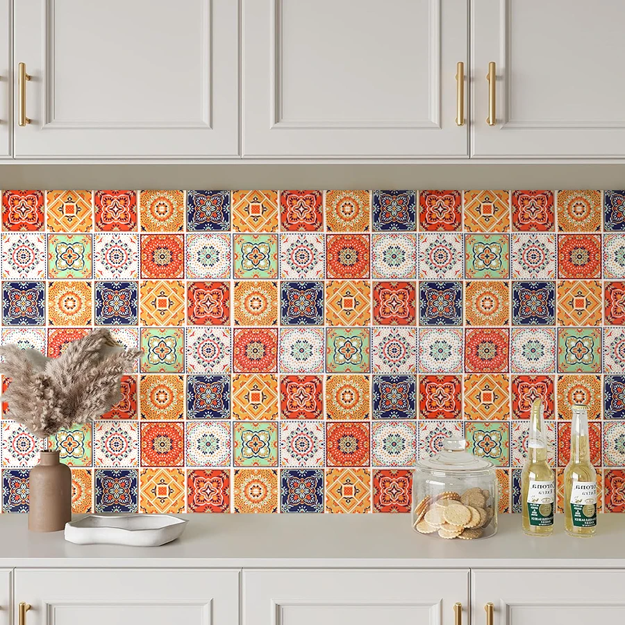 Boho Chic Mosaic Tile Wallpaper Roll Vibrant Floral Geometric Pattern Self-Adhesive Wall Mural for Living Room Accent Wall Decor