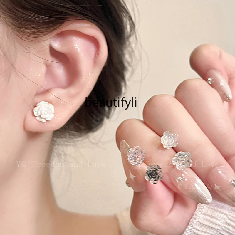 

Small Camellia Flower Pierced-Ear-Caring Ear Studs Women's New High-Grade Summer Earrings Niche Design Earrings