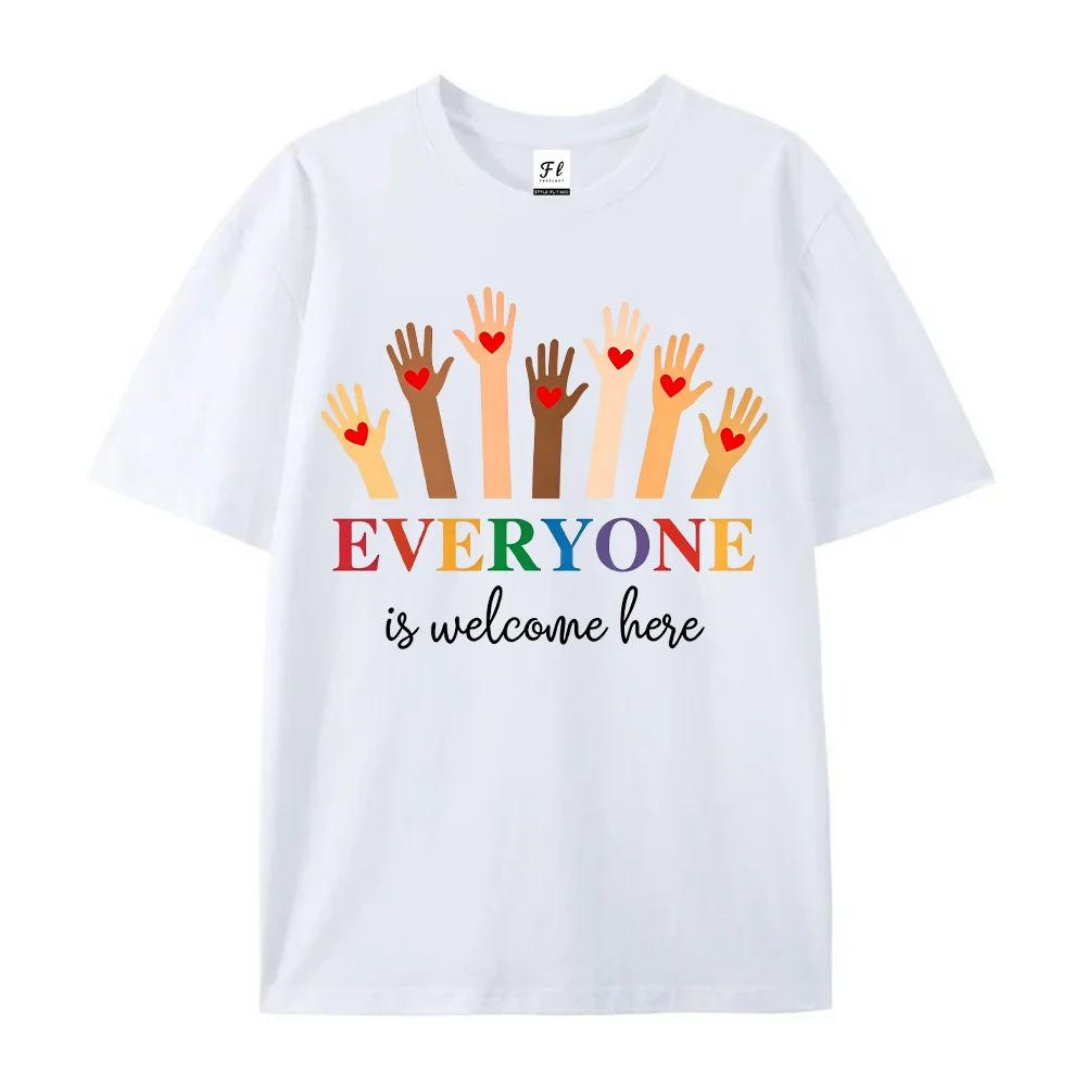 Women T Shirt Everyone Is Welcome Here Graphic Tees Short Sleeve Summer Cotton Casual Loose Diversity Heart Vintage Tops