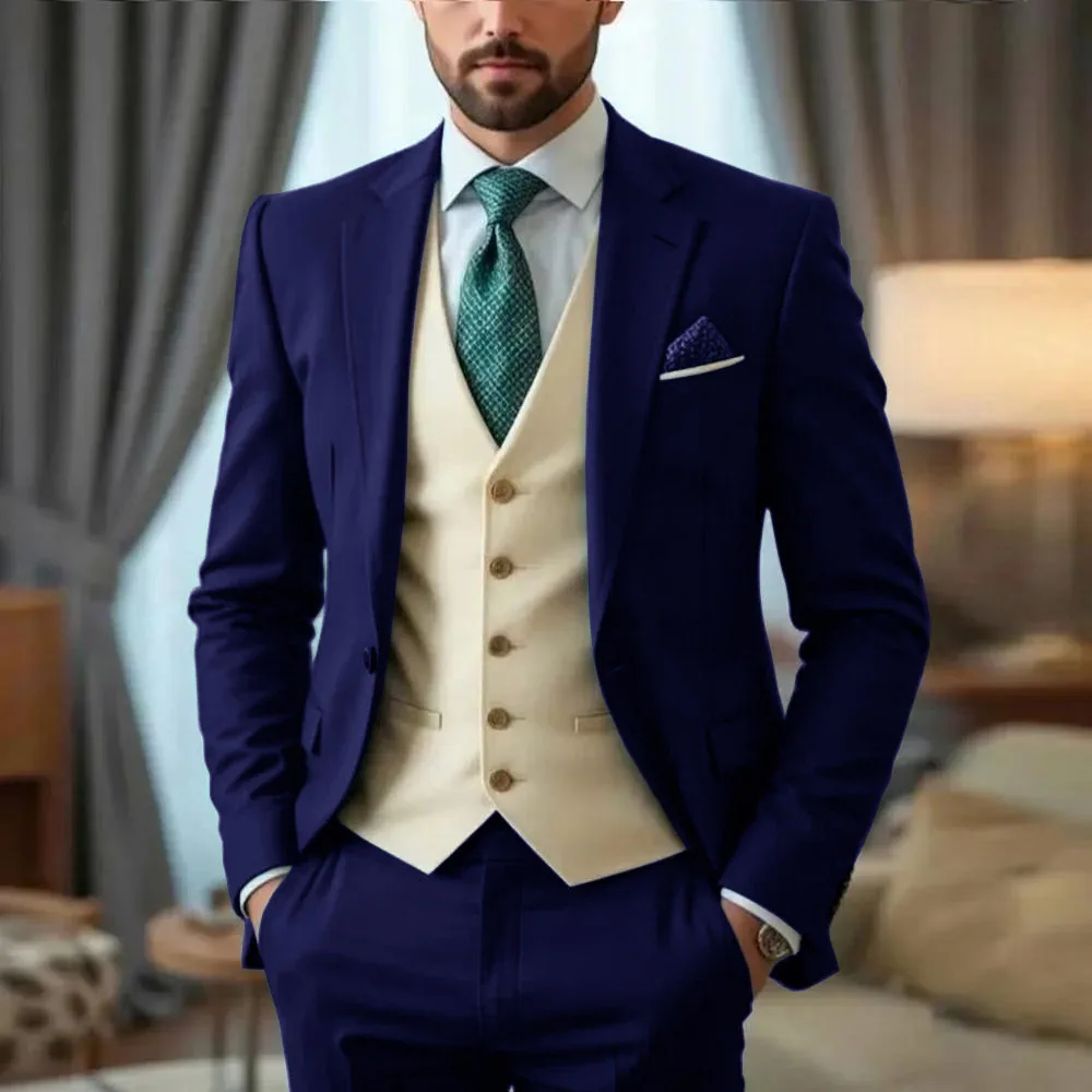 3 Piece Oil Green Men Suits Business Formal Slim Fit Wedding Casual Groom Tuxedos Classic Style Business Jacket Pants Beige Vest