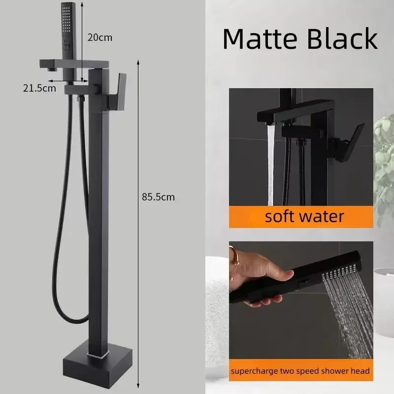 Hot Selling OEM Floor Mounted Brass Bathroom Faucets Tap Wholesale Hotel Project Black Freestanding Bath Tap view 3
