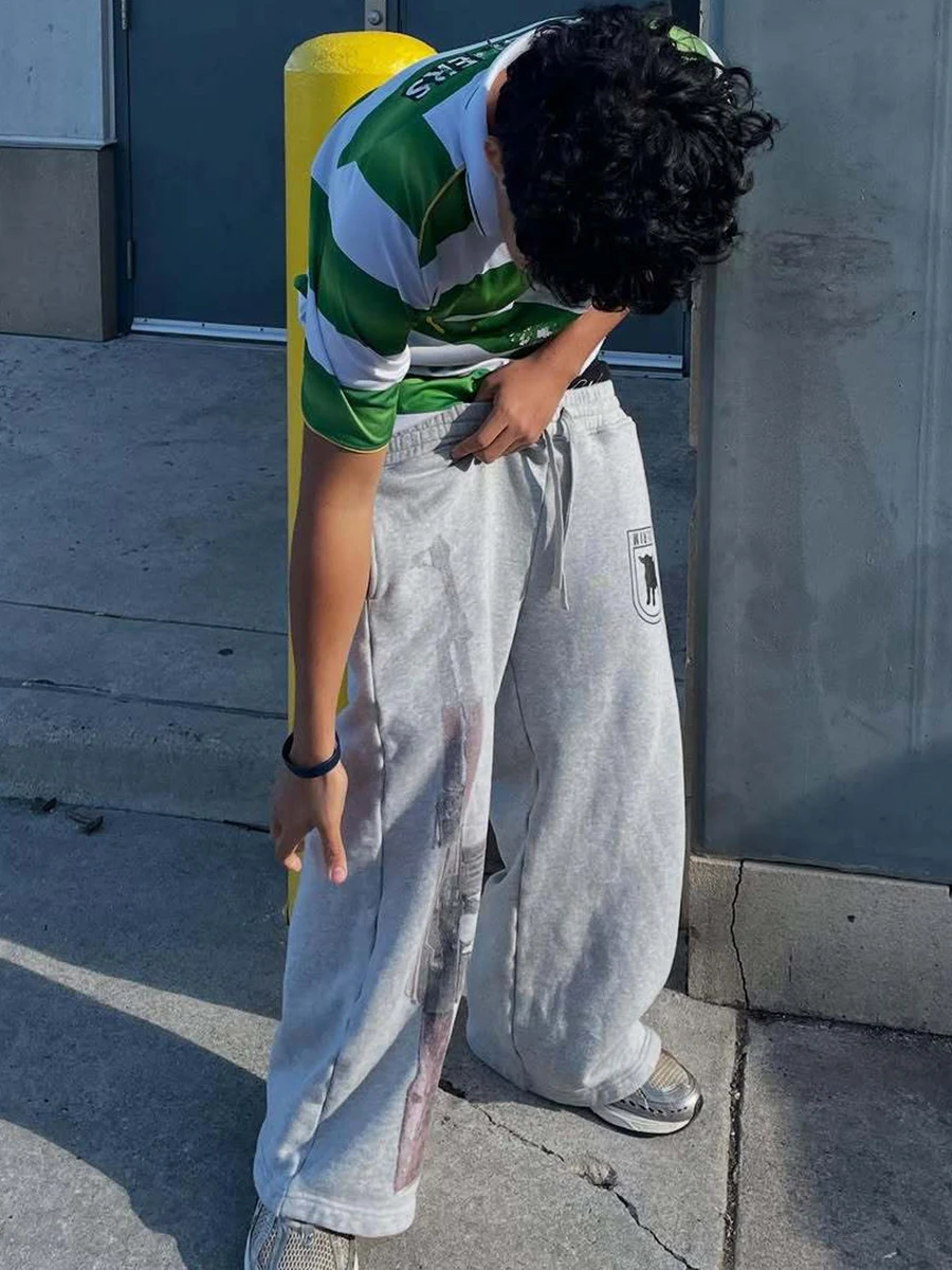 مزدوج الخصر التطريز الشارع Y2k شارع العليا الطباعة التطريز Sweatpants عارضة السراويل المستقيمة