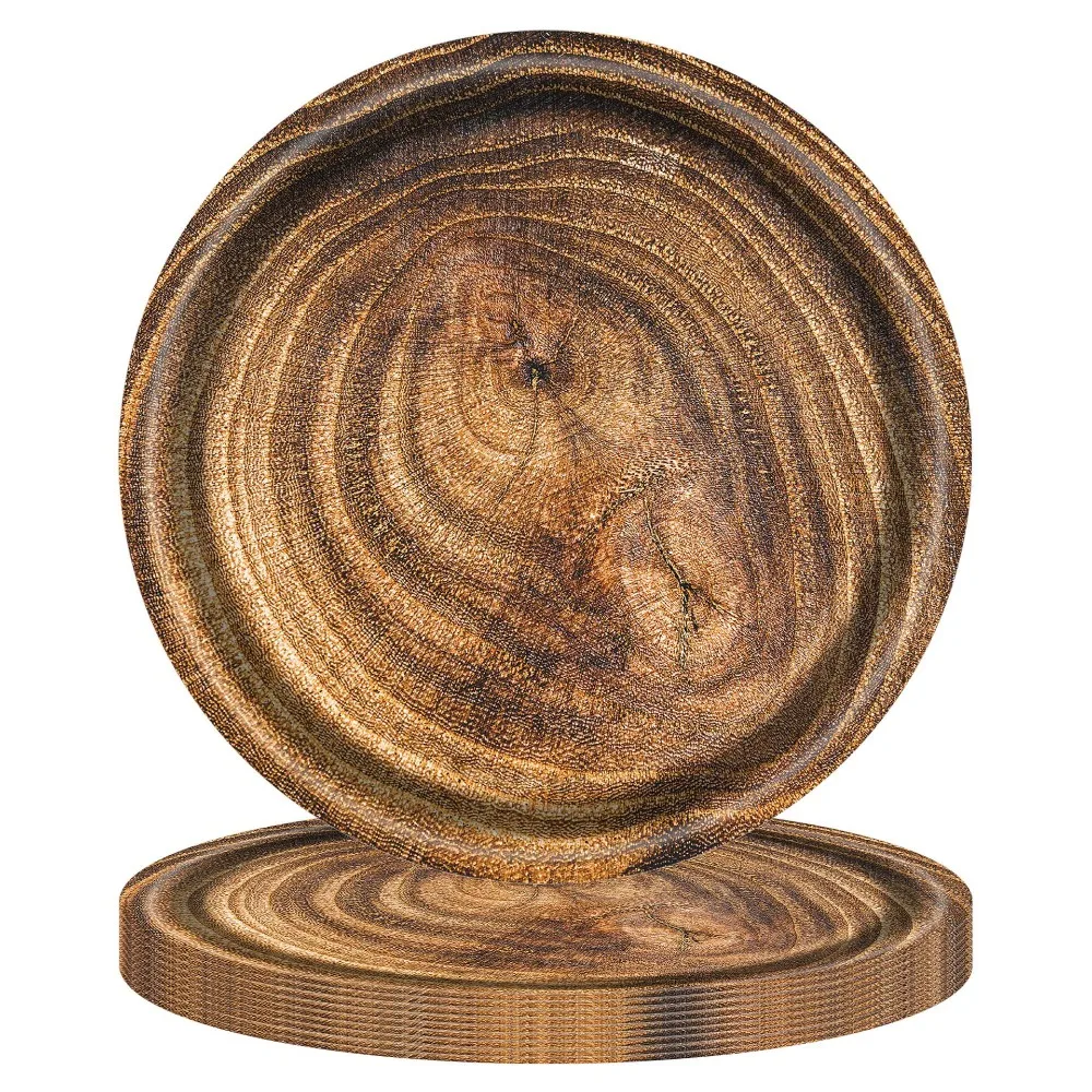 10pcs Unique 7/9 Inch Imitation Wood Grain Disposable Plate Round Realistic Disposable Dish Vintage Paper Food Tray Picnic